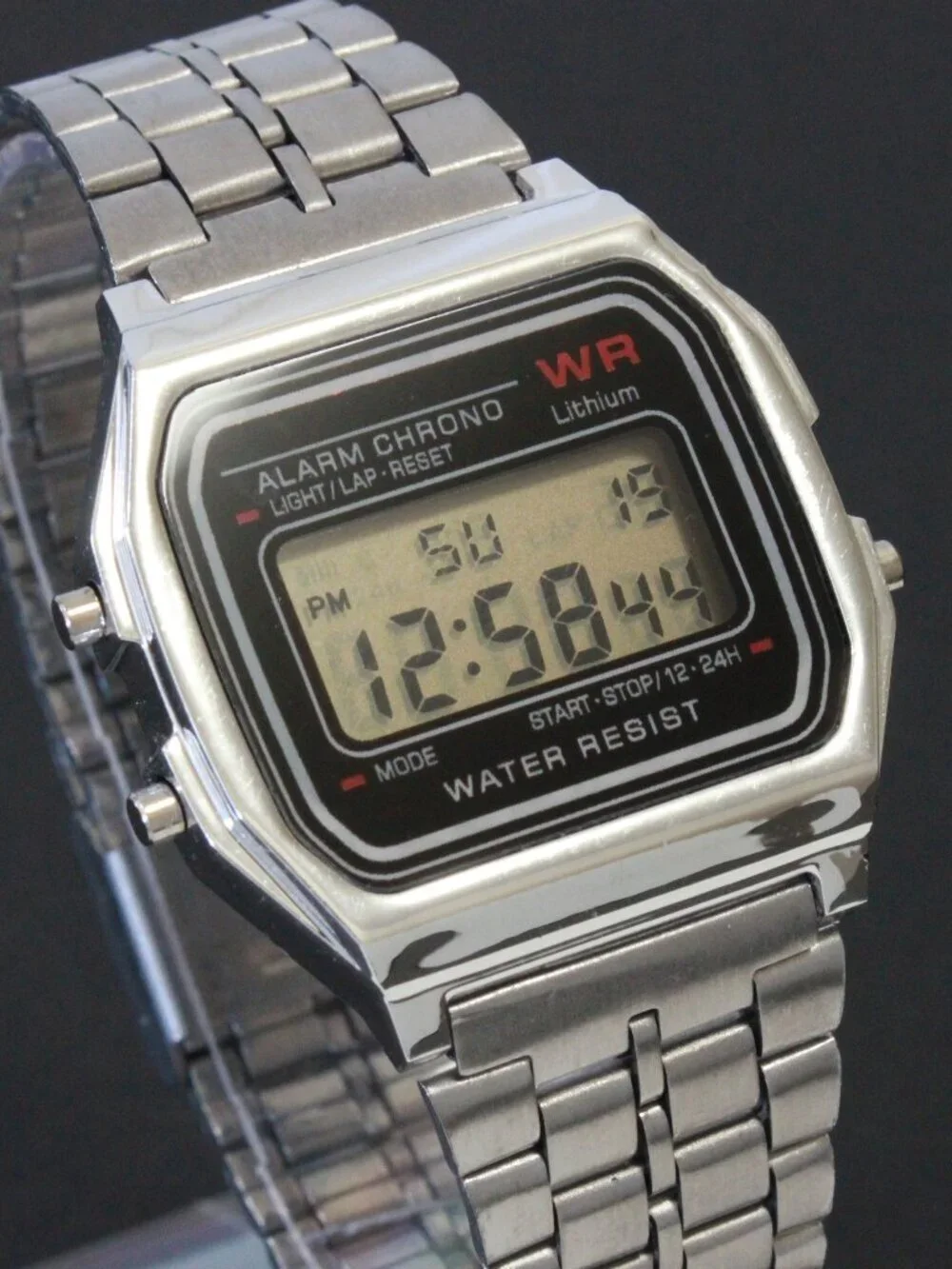 Retro Style Digital Watch Metal Case Bracelet Back light, Stopwatch, Day, Date